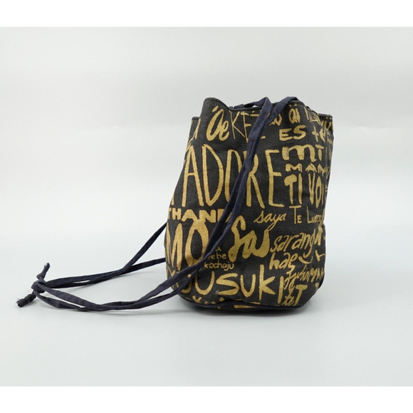 RH Teen Restoration Hardware Bucket Bag Small Black Gold Tone Allover Print - Picture 2 of 12